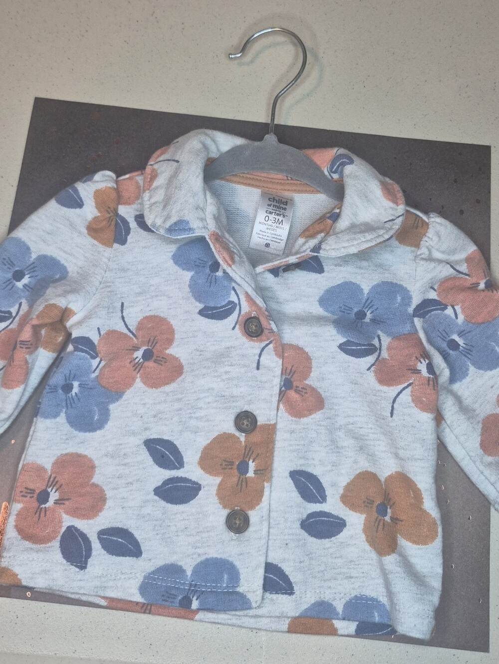 Carter's Cream Button-Down Top with Blue & Orange Floral Print 0-3 Mo.